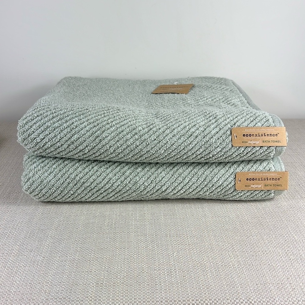 Ecoexistence Bath Towel Set Green Textured Zero Twist Loops Set of 2 NEW